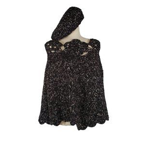 AMA Hand Made Argentina Top Blouse Cape & Beret Knit Crochet Set Black Lavender